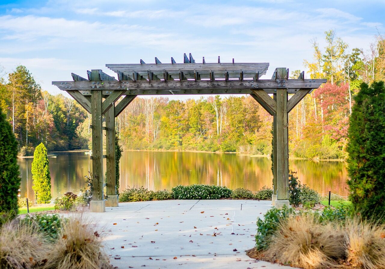 wedding, reception, park, city, outdoor, arch, pergola, reflection, water, pond, trees, autumn, celebration, wedding reception, marriage, decoration, elegant, event, romance, banquet, place, formal, wed, catering, wedding table, décor, town, playground, outdoors, landscape, fall, colonel francis beatty park, charlotte, nc, north carolina, pergola, pergola, pergola, pergola, pergola