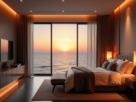 interior, furniture, luxury, sleep, bed, bedroom, seaview, nature, sunset, design, home, lighting, ai generated