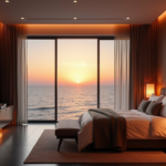 interior, furniture, luxury, sleep, bed, bedroom, seaview, nature, sunset, design, home, lighting, ai generated